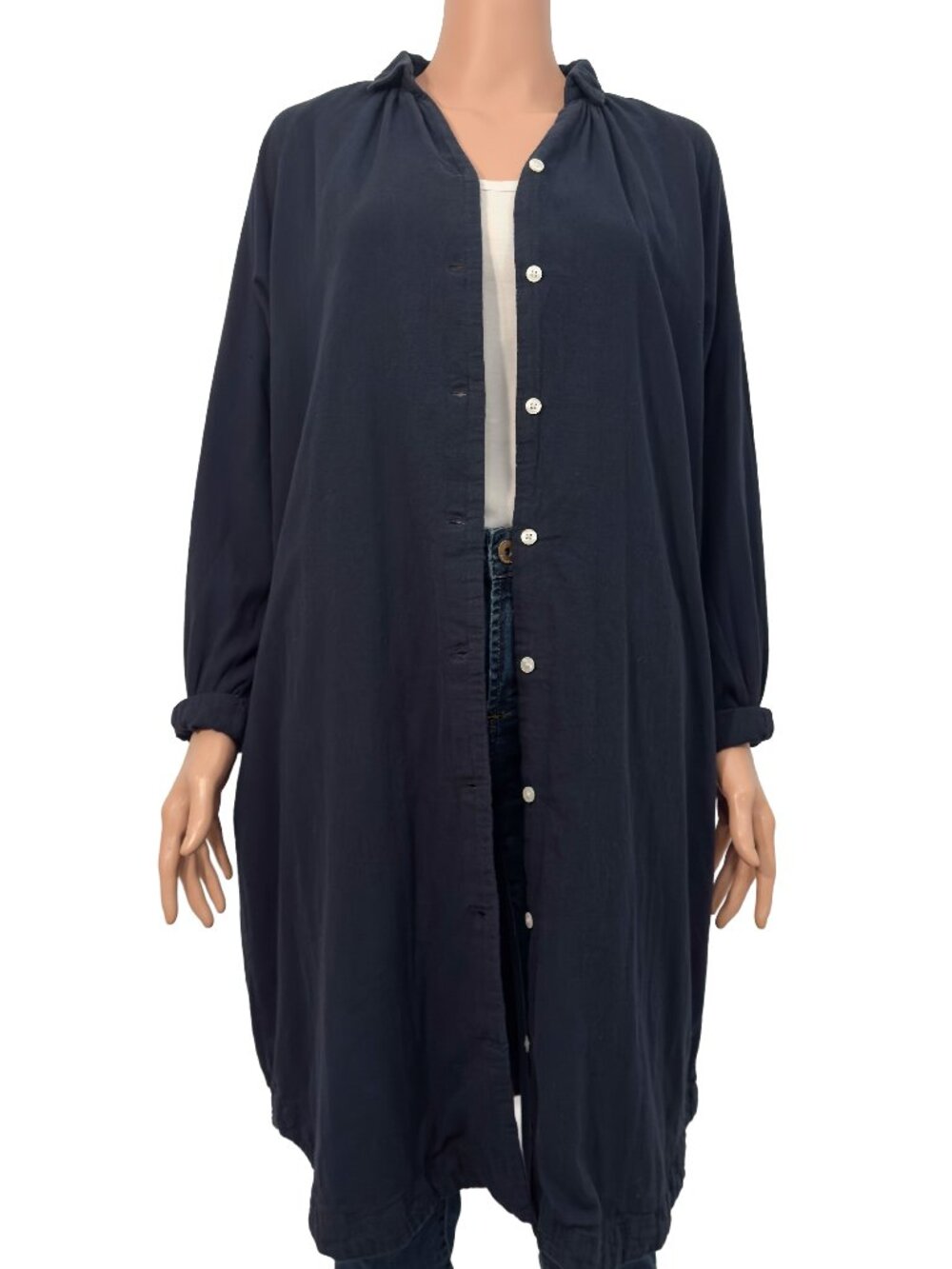 Muji 100% Cotton Navy Blue Button-Down Long Hem Dress Shirt Size M/L